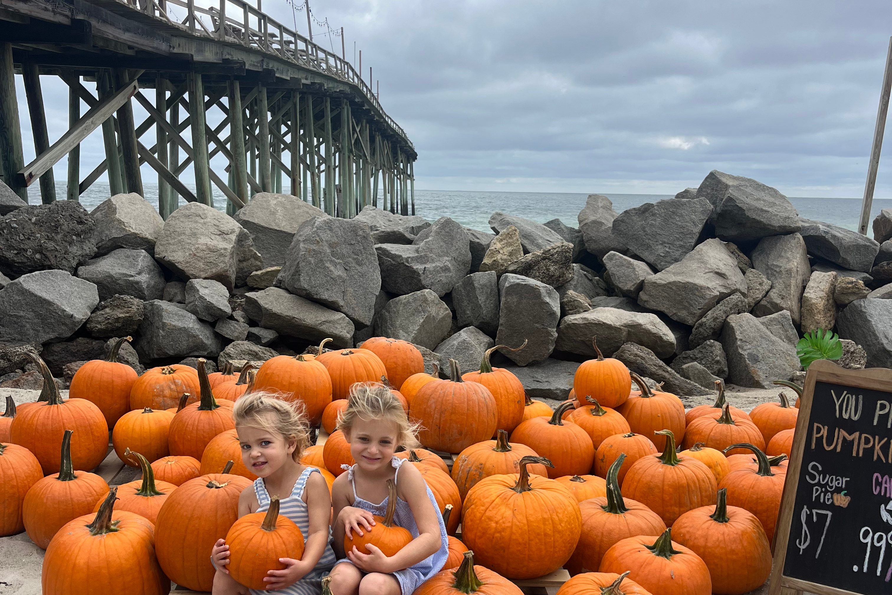 Two young girls sitting among a variety of pumpkins at a pumpkin patch near a beach, with a pier in the background and a sign displaying pumpkin prices.