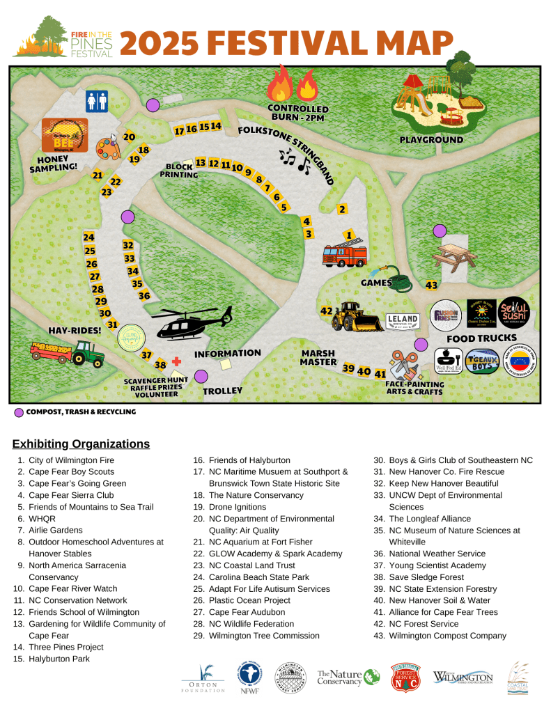 Map of the 2025 Fire in the Pines Festival showing event layout, food trucks, activities, and exhibiting organizations.