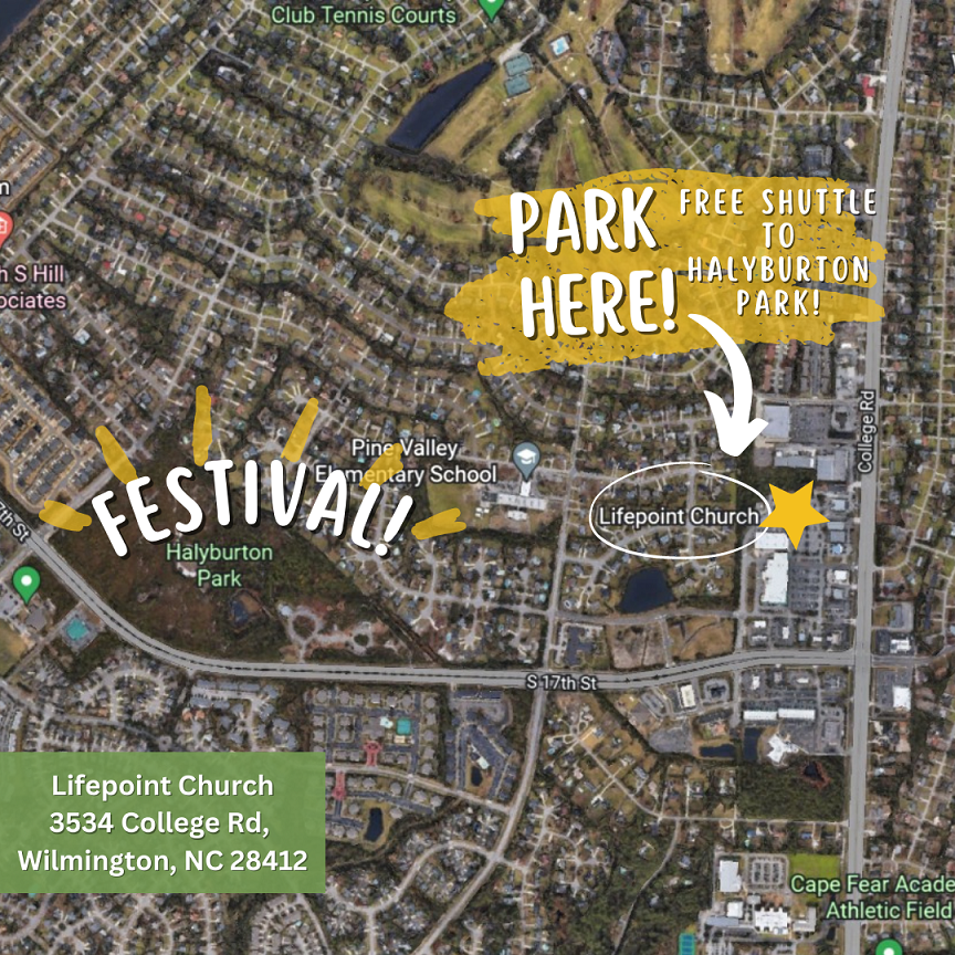 Map showing the location of Lifepoint Church and parking instructions for the Fire in the Pines Festival, including the free shuttle service to Halyburton Park.