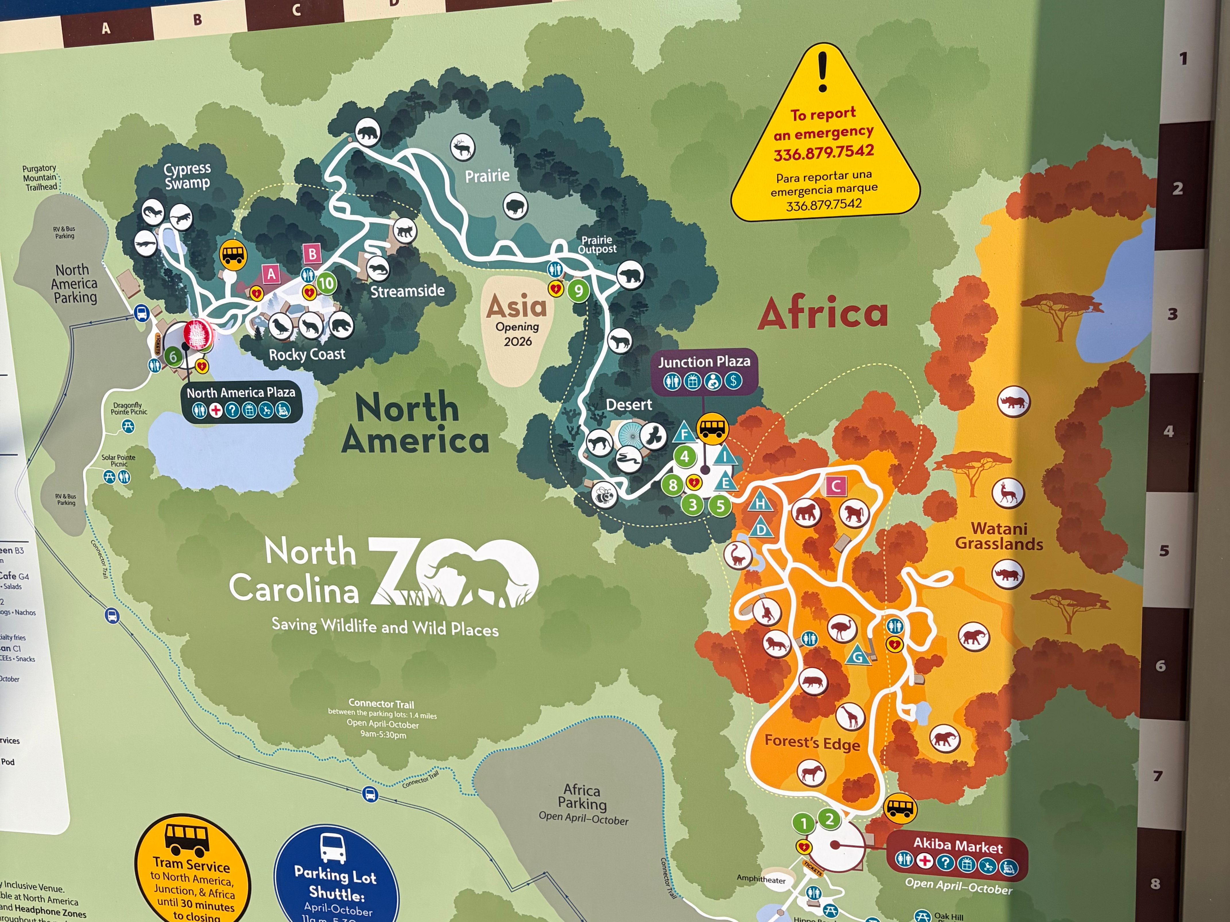 Map of the North Carolina Zoo showing different sections and attractions including North America and Africa.