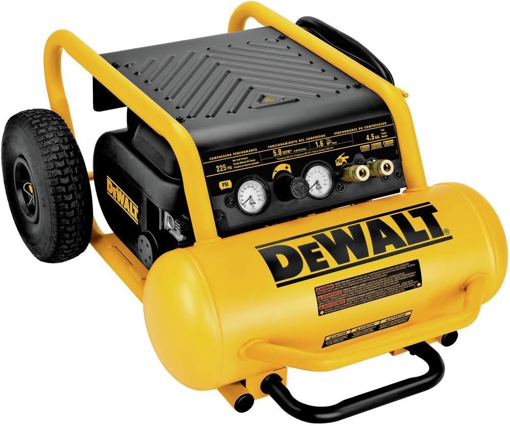 A DeWalt pancake air compressor with a yellow and black design, featuring gauges and controls on the front and wheels for portability.