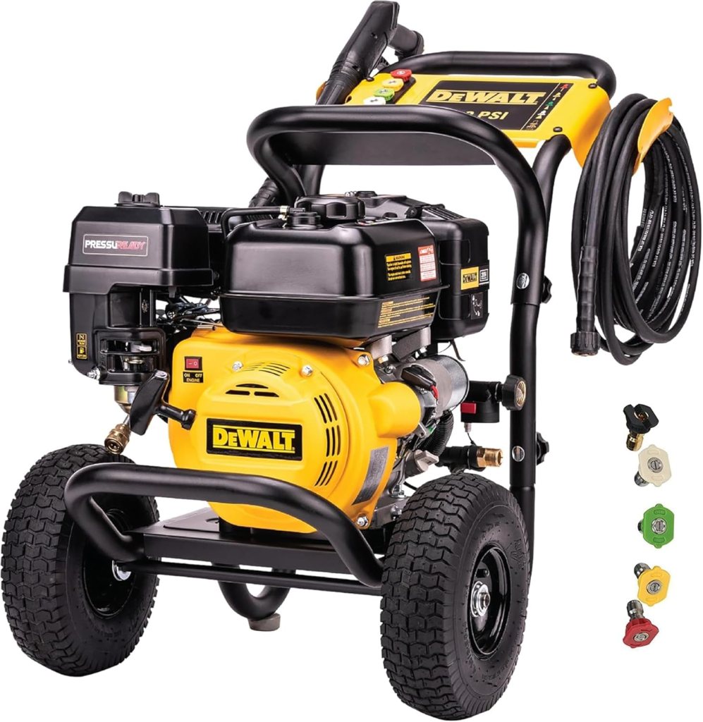 A DeWalt gas pressure washer featuring a yellow engine and black housing, equipped with wheels and a variety of nozzle attachments.
