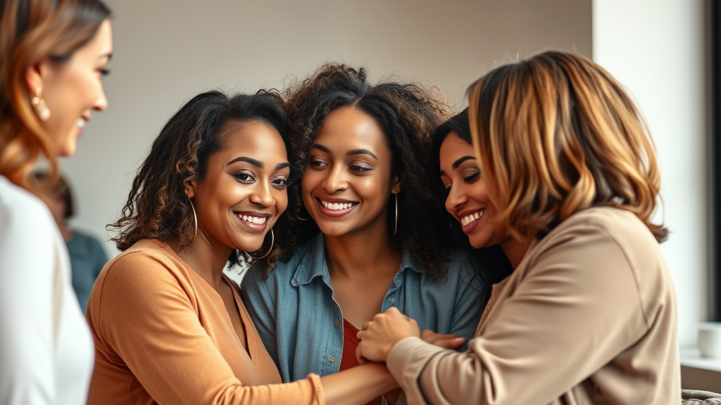 Four women smiling and interacting in a warm, friendly setting, showcasing connection and support.