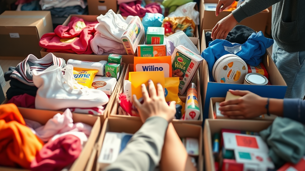 Volunteers sorting and packing food and clothing donations in a community support setting.