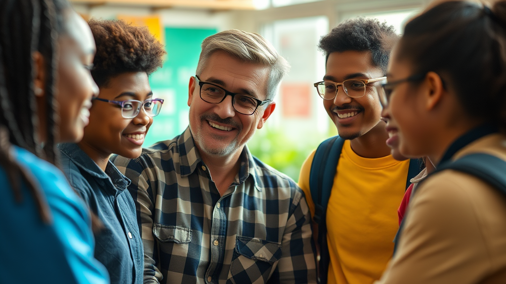 A group of diverse young people engaging in a friendly discussion with a smiling older man in a checkered shirt, set in a bright and inviting environment.