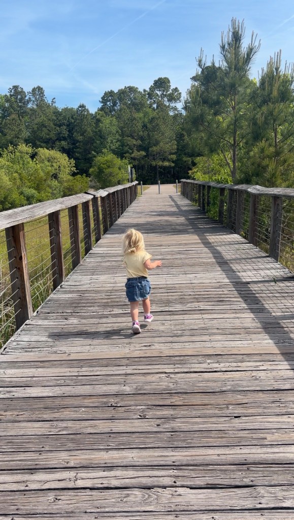 A young child with blonde hair walking along a wooden boardwalk surrounded by greenery.