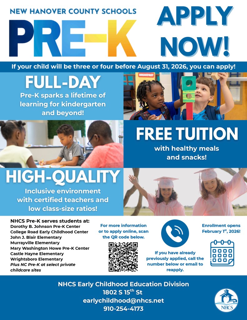 Promotional flyer for New Hanover County Schools Pre-K program, highlighting full-day, high-quality education with free tuition, healthy meals, and enrollment details.