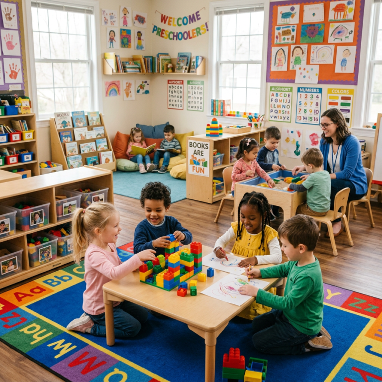 Preschool children playing with blocks, drawing, and sand table activities with teacher supervision