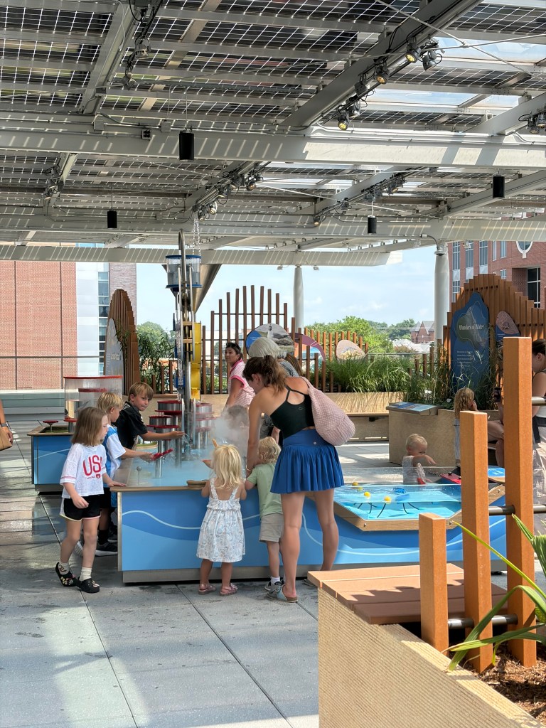 Children and adults play at a water feature area, with kids exploring water activities and interactive displays under a solar panel canopy.