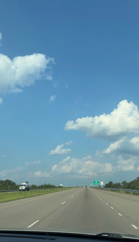 A view of a wide highway stretching into the distance under a blue sky with fluffy white clouds, with greenery on the sides.